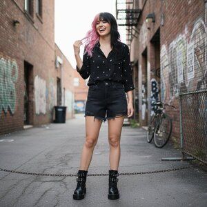 Pink Rose Skull Print Button Down Shirt Blouse Black Rayon Large Goth Punk Rock